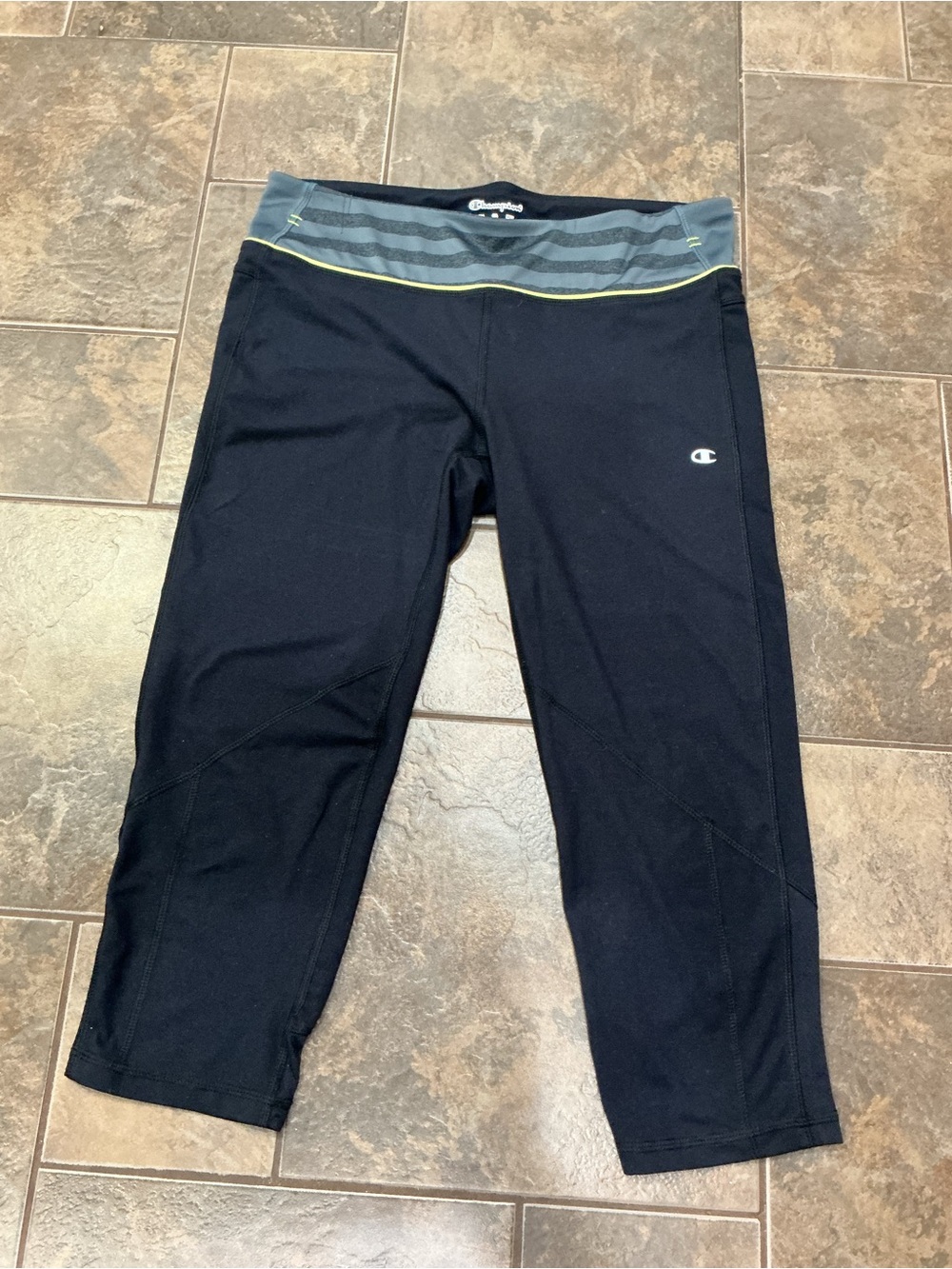 Champion Black Capri Leggings with Gray Striped Waistband and Lime Accent